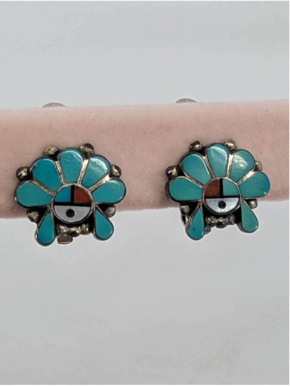Vintage Zuni Sunface Sterling Silver Turquoise Coral Inlay Clip Earrings